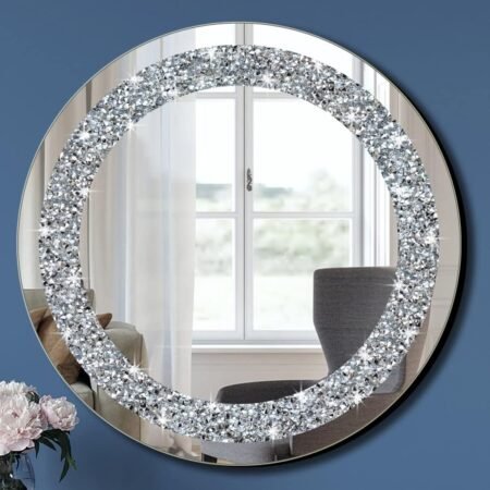 qmdecor crystal crush diamond sparkly round silver mirror for wall decoration 20x20x1 inch wall hang frameless bling sty