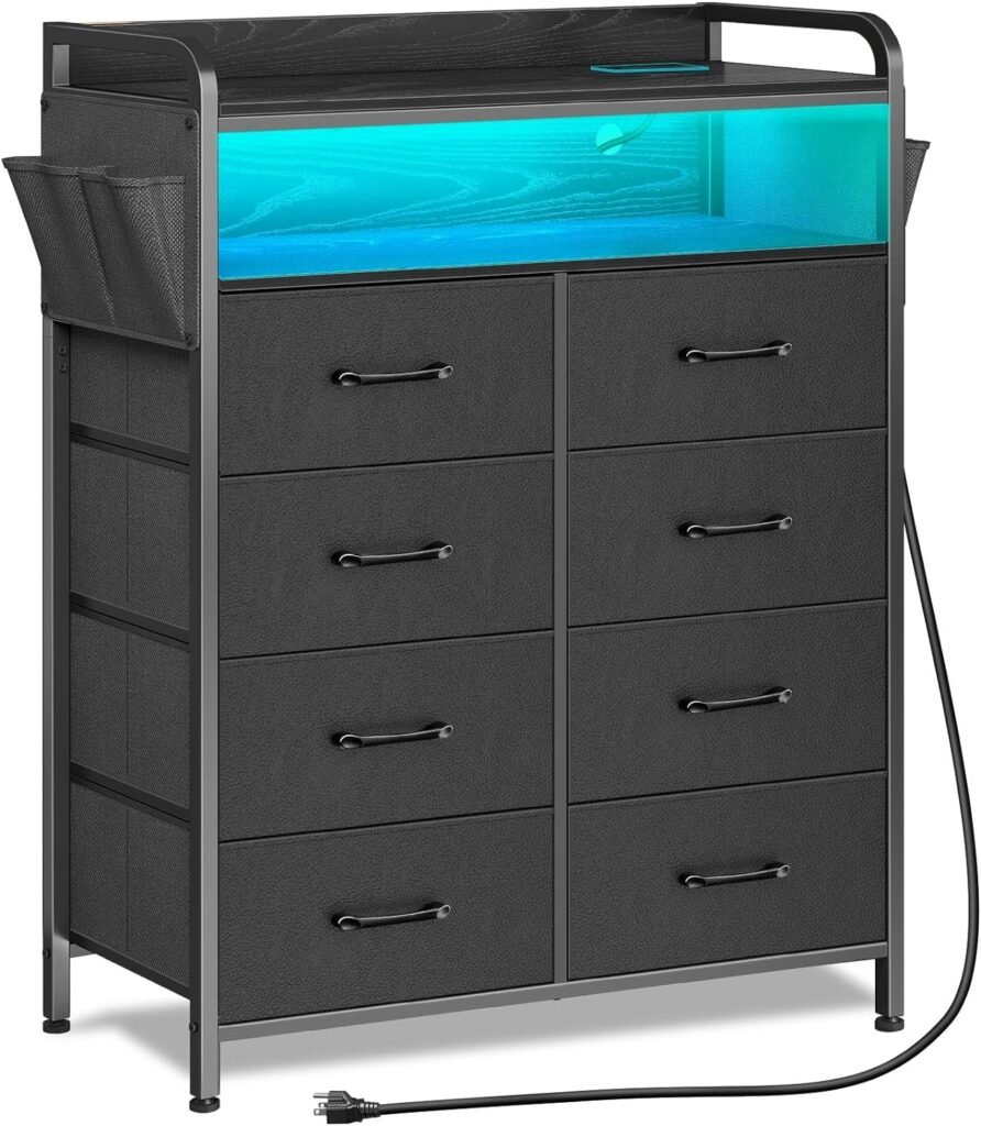 Rolanstar Dresser with Power Outlets and LED Lights, 8 Drawers Dresser with Side Pockets, Fabric Chest of Drawers with PU Finish, Tall Dresser with Sturdy Frame  Wood Top for Bedroom, Black
