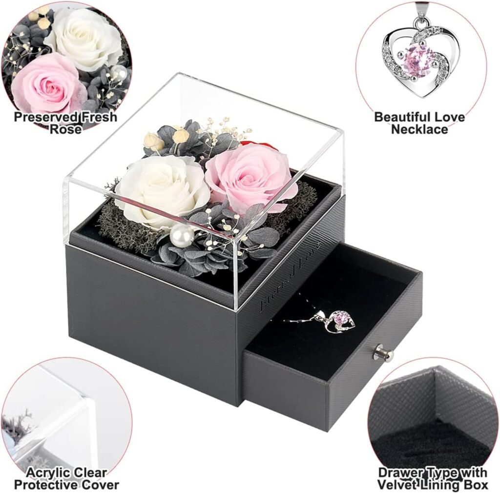 SHOKUTO Preserved Rose,Birthday Gifts for Women Mom Girlfriend,Gifts for Mom Grandma Wife Daughter Sister,Jewelry Boxes with Necklace