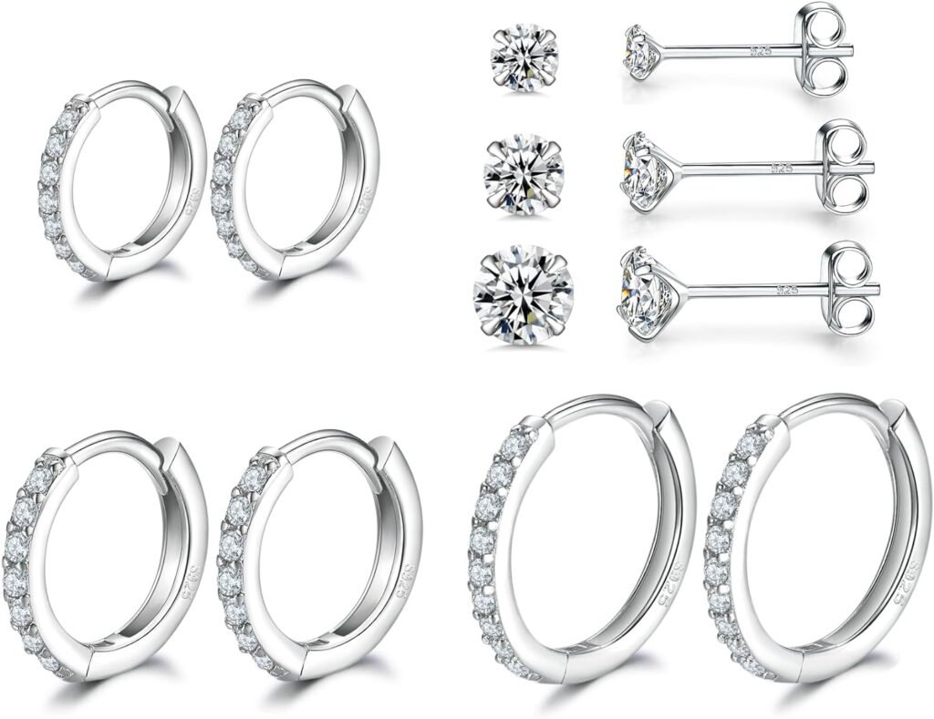 Sterling Silver Hoop Earrings | Sterling Silver Stud Earrings for Women - 6 Pairs Hypoallergenic Tiny Cubic Zirconia Stud Earrings Set  Cartilage Earring Hoops for Girl