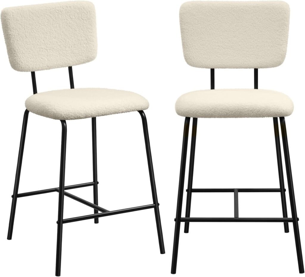 White Counter Height Bar Stools Set of 4 - Modern Upholstered Boucle Fabric Bar Chairs with Back  Footrest Armless Bar Stool for Kitchen, Bistro, Pub, Dining Room Counter Island