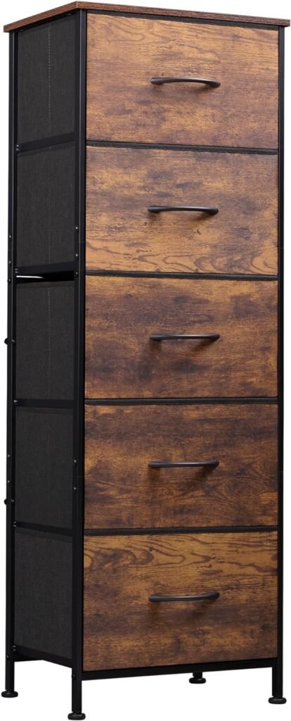 WLIVE Fabric Dresser, 5-Drawer Tall Dresser for Bedroom, Storage Dresser Organizer with Fabric Bins, Wood Top, Sturdy Steel Frame, Chest of Drawers for Closet, Hallway, Rustic Brown Wood Grain Print
