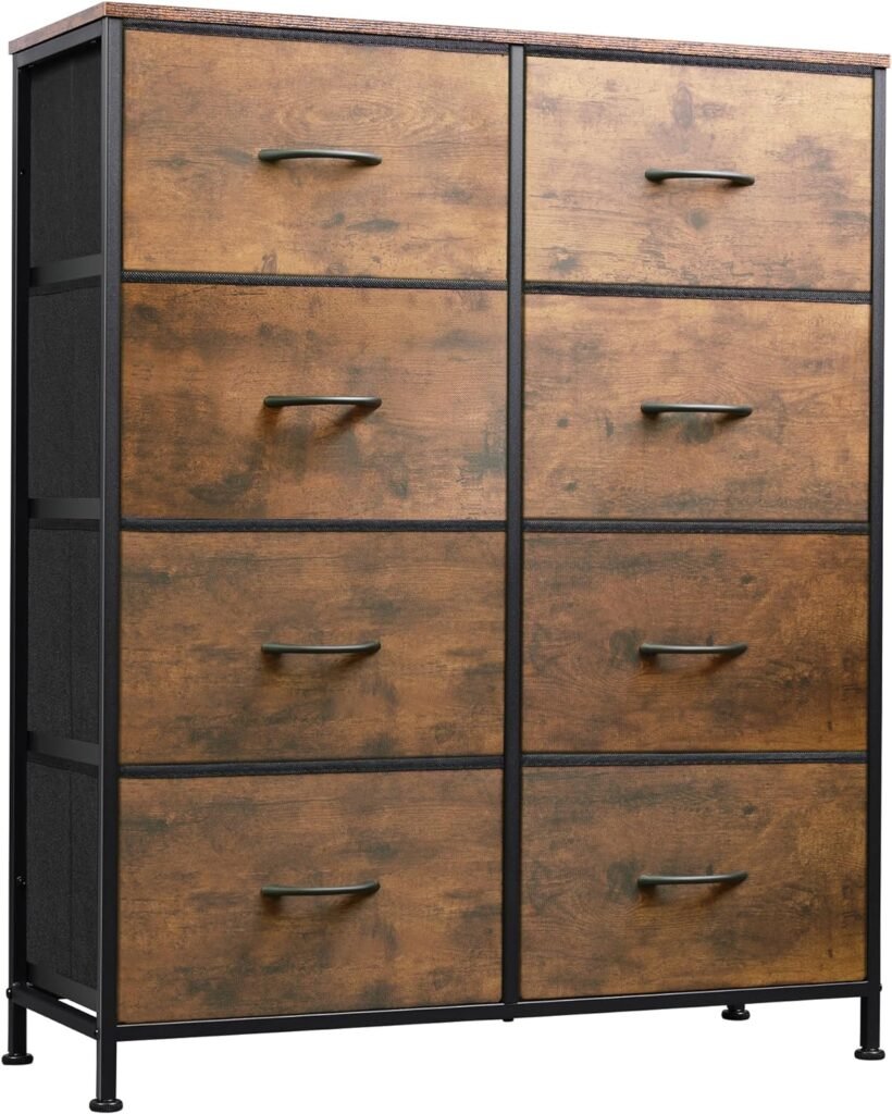WLIVE Fabric Dresser for Bedroom, Tall Dresser with 8 Drawers, Storage Tower with Fabric Bins, Double Dresser, Chest of Drawers for Closet, Living Room, Hallway, Rustic Brown