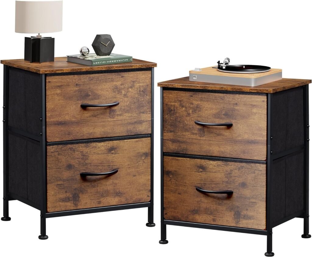 WLIVE Nightstand Set of 2, 2 Drawer Dresser for Bedroom, Small Dresser with 2 Drawers, Bedside Furniture, Night Stand, End Table for Bedroom, College Dorm, Rustic Brown Wood Grain Print