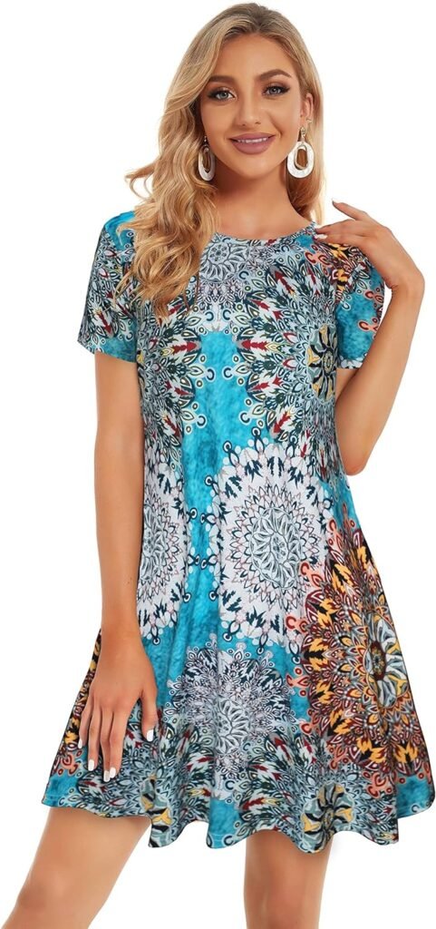 Womens Summer Dresses Beach Casual Tshirt Plus Size Floral Short Sleeve Loose Flowy Sundresses