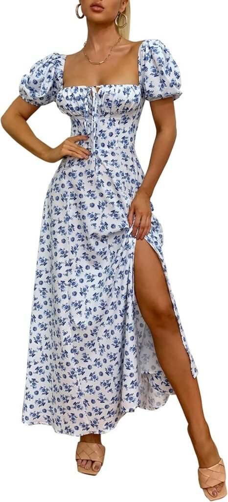 Womens Summer Puff Sleeve Floral Split Maxi Dress Flowy A Line Casual Beach Long Dresses
