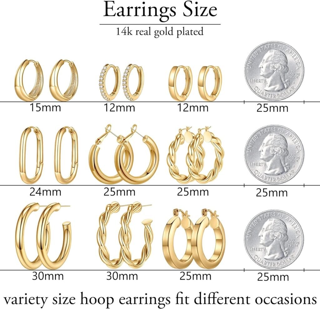 Yesteel 9 Pairs Gold Hoop Earrings for Women, 925 Sterling Silver Post 14K Real Gold Plated Chunky Hoop Earrings Set for Women Hypoallergenic Thick Lightweight Hoop Earrings for Women Gold Jewelry Gifts