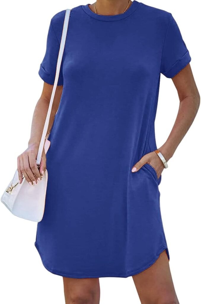 YEXIPO Womens Casual Summer Short Sleeve T Shirt Dress Nightgown Crew Neck Loose Solid Color Basic Dresses with Pockets