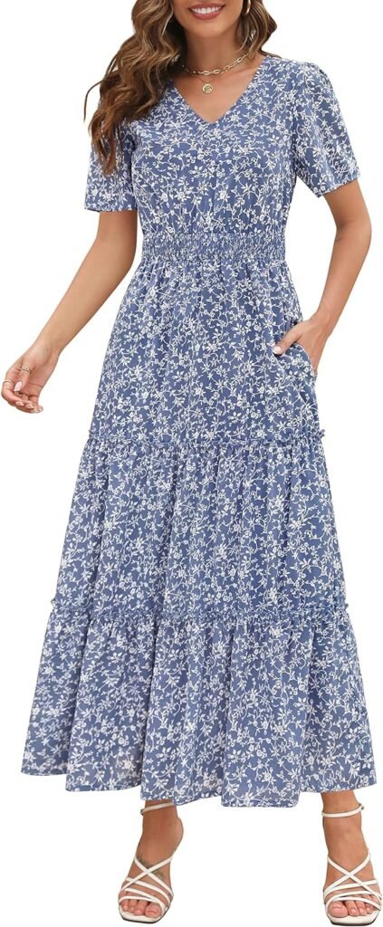 Zattcas Womens 2024 Long Summer Dress Short Flutter Sleeve V Neck Casual Smocked Tiered Modest Floral Boho Maxi Dress
