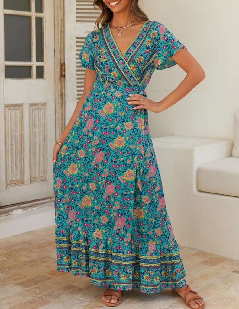ZESICA Womens 2024 Bohemian Floral Printed Wrap V Neck Short Sleeve Split Beach Party Maxi Dress