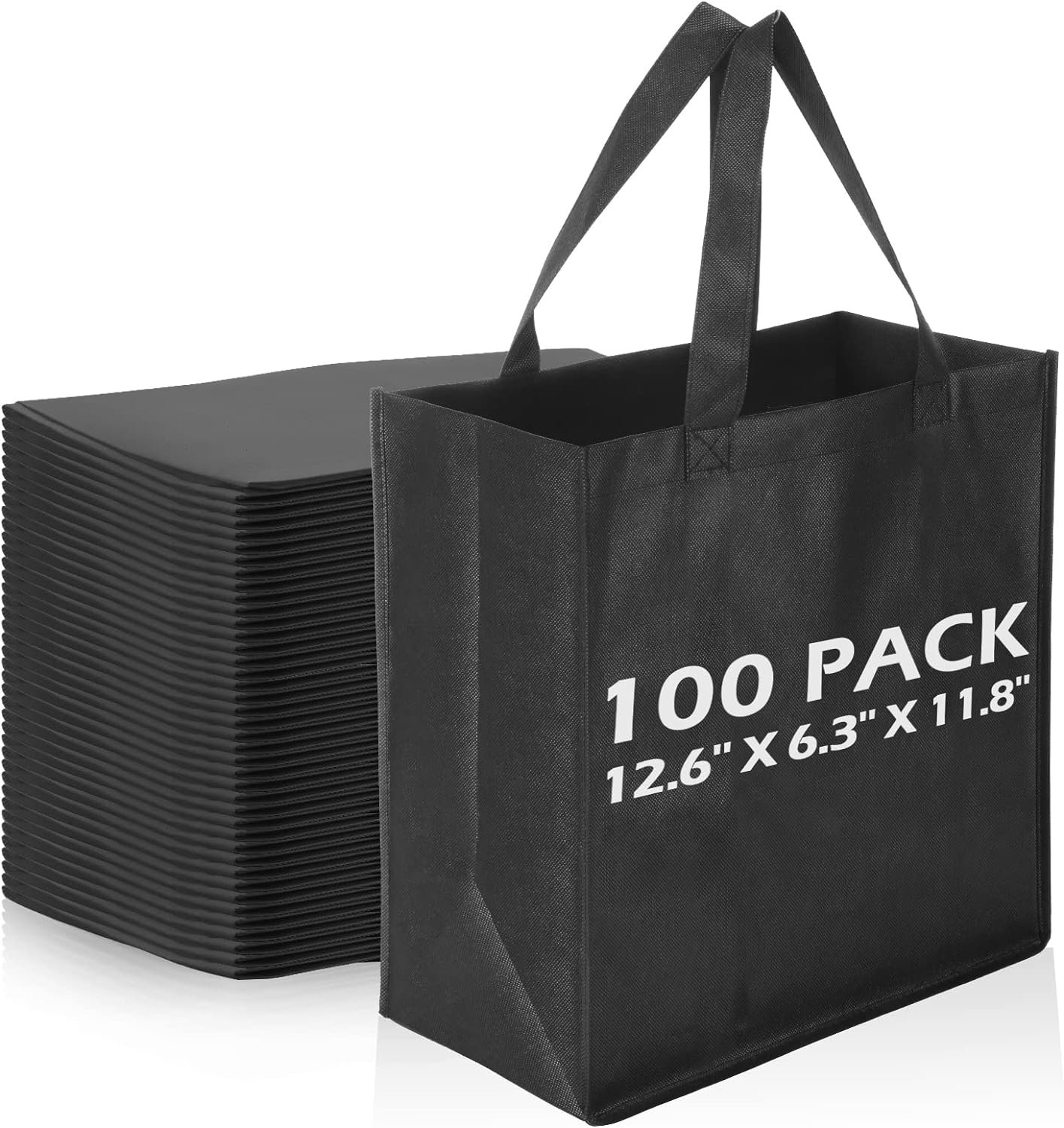 100 Pieces Reusable Totes Bag Set Non Woven Grocery Bag with Handles Fabric Portable Tote Bag Bulk for Shopping Merchandise Events Parties Boutiques Retail Stores (Black)