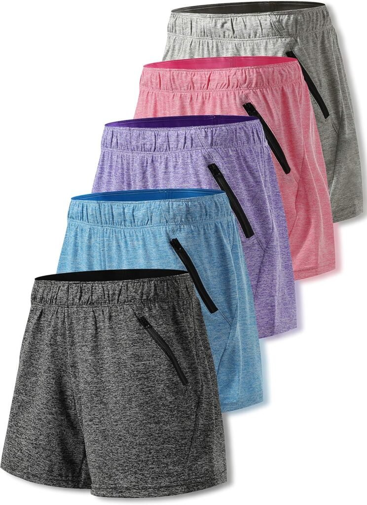 5 Pack: Womens Workout Gym Shorts Casual Lounge Set, Ladies Active Athletic Apparel with Zipper Pockets