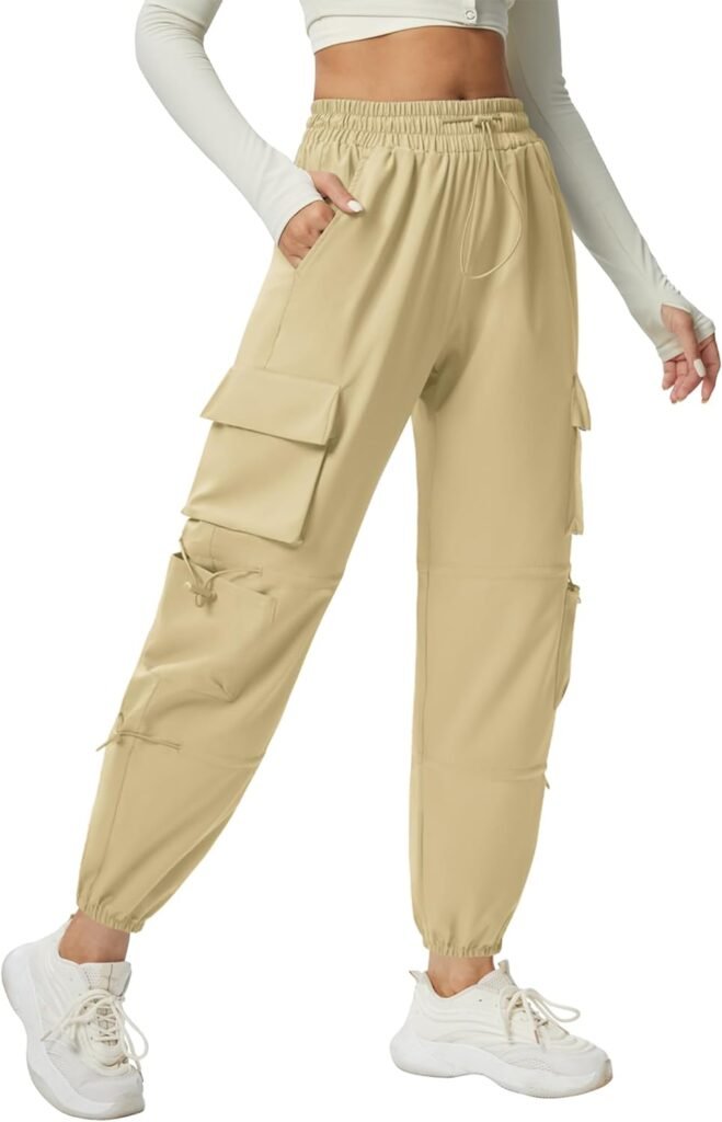 AB-Eleven Womens Lightweight Cargo Pants Quick Dry Joggers with 6 Pockets Elastic Waist and Water-Resistant Hiking Pants