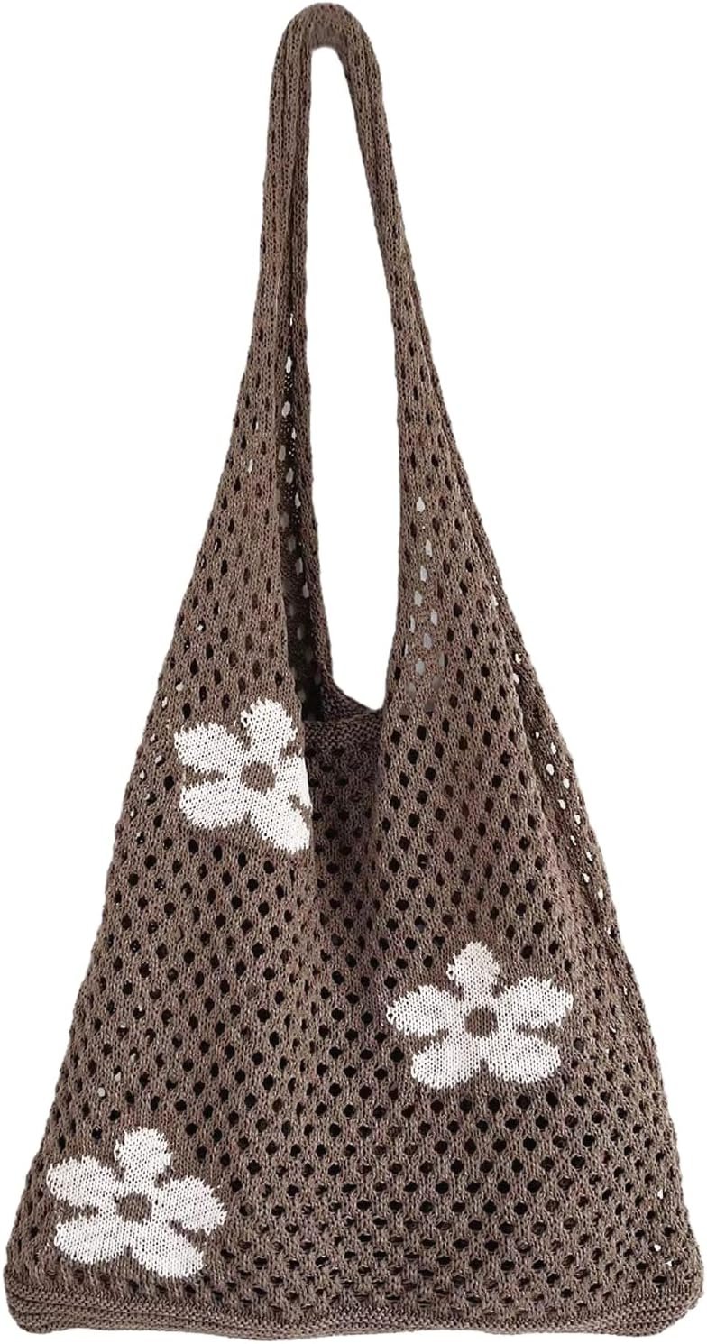 AIYUENCICI Crochet Tote Bag, Fairy Hobo Bag for Women Aesthetic Bag Y2k Purse Knitted Shoulder Bag for Girls Mesh Beach Bags
