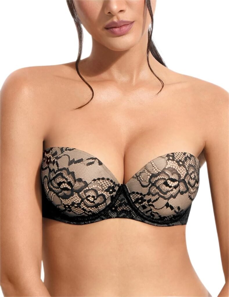 Amafuur Strapless Bra Push Up Lace Bra Thick Padded Add 2 Cups Multiway with Clear Straps Underwire Supportive Bra