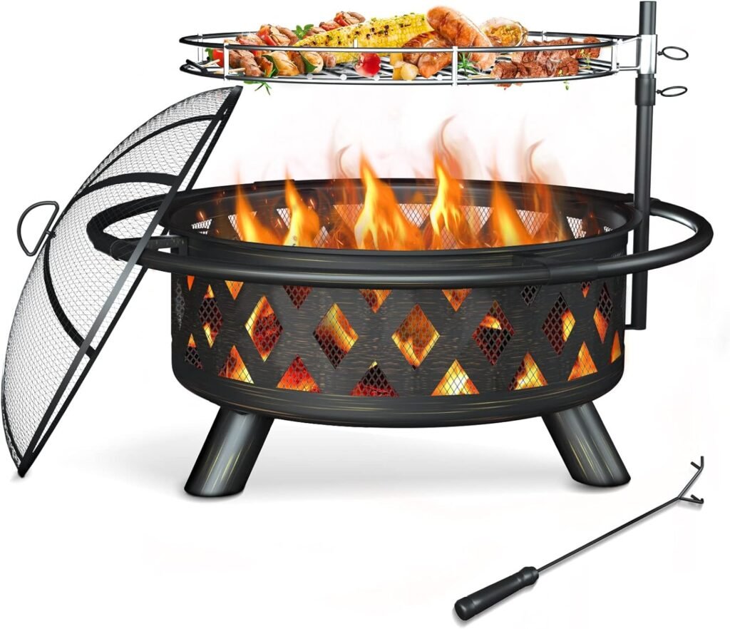 Amopatio Fire Pit for Outside, 30 Inch Large Outdoor Wood Burning Fire Pits, Patio Backyard Firepit with Steel BBQ Grill Cooking Grate, Spark Screen  Poker for Garden, Bonfire, Camping, Picnic