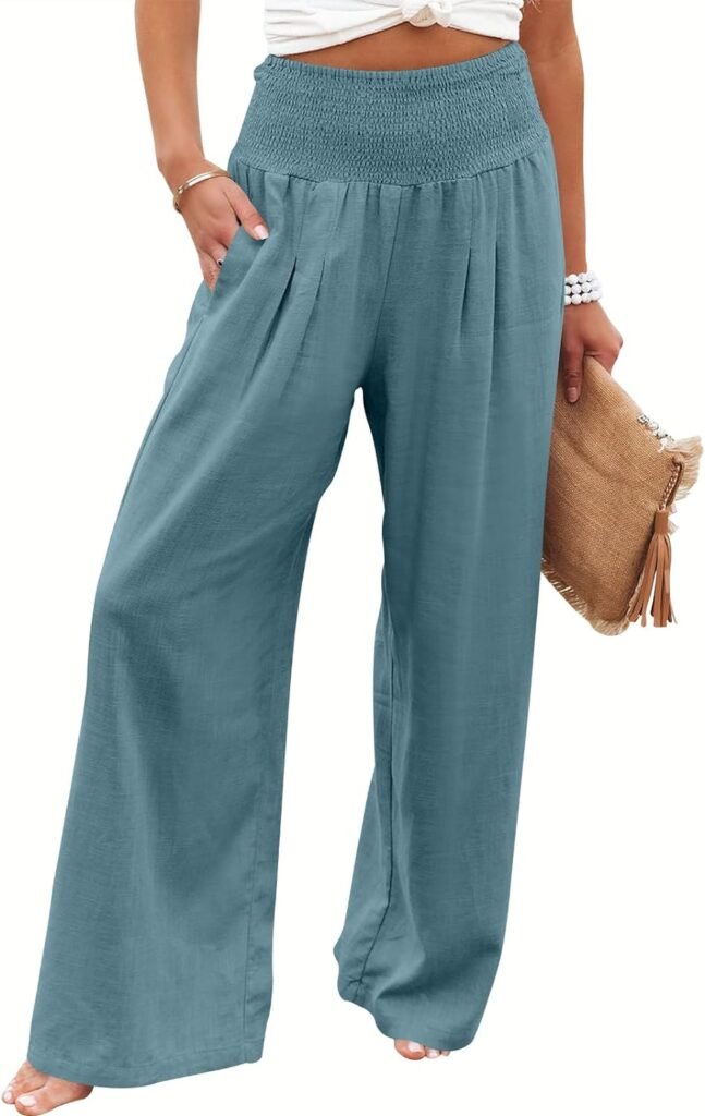 ANRABESS Women Linen Palazzo Pants Summer Boho Wide Leg High Waist Casual Lounge Pant Trousers with Pockets