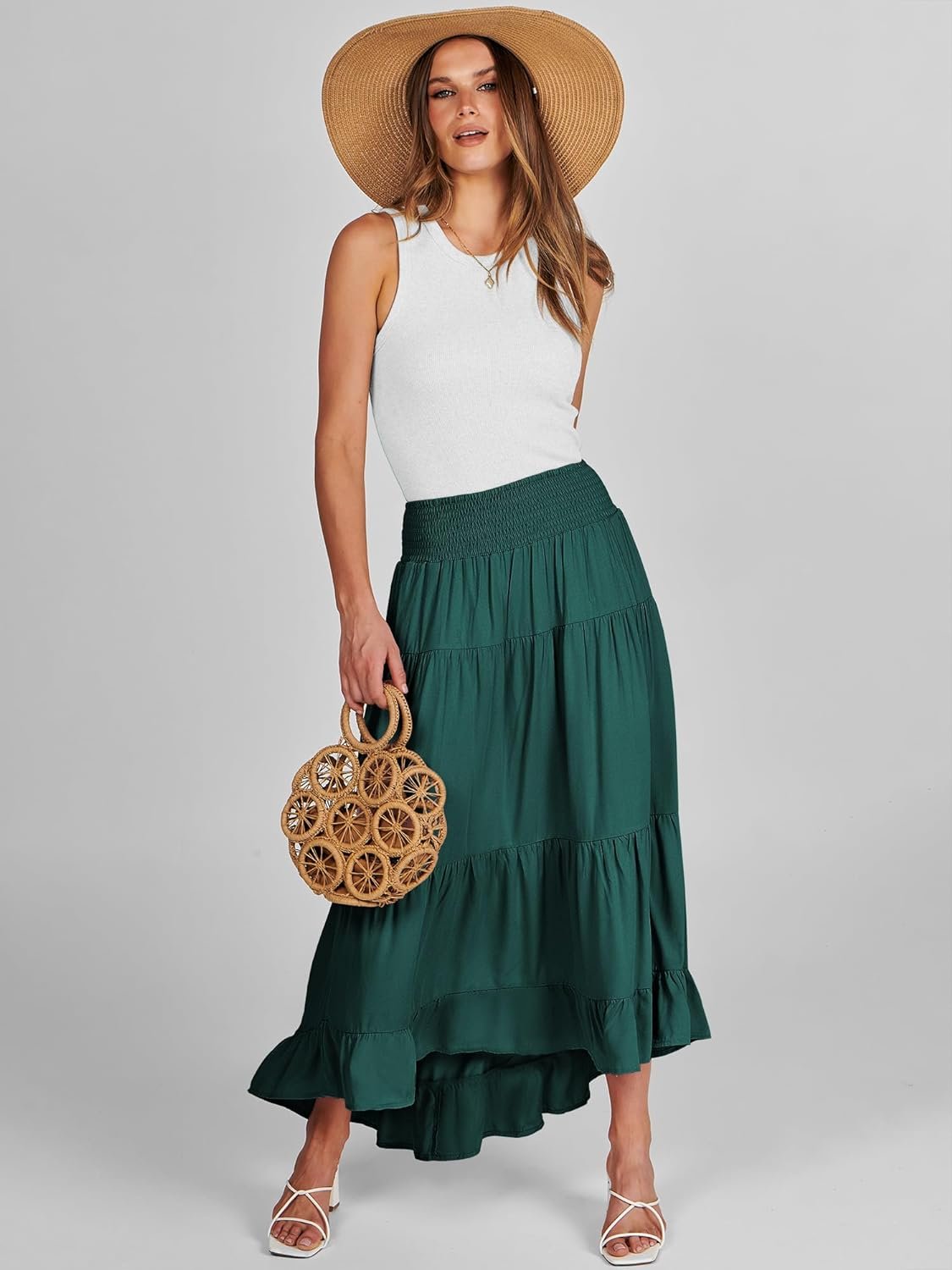 ANRABESS Women Summer Maxi Skirt Elastic High Waist Flowy Boho Casual Tiered Aline Long Beach Skirts 2024 Trendy Outfits