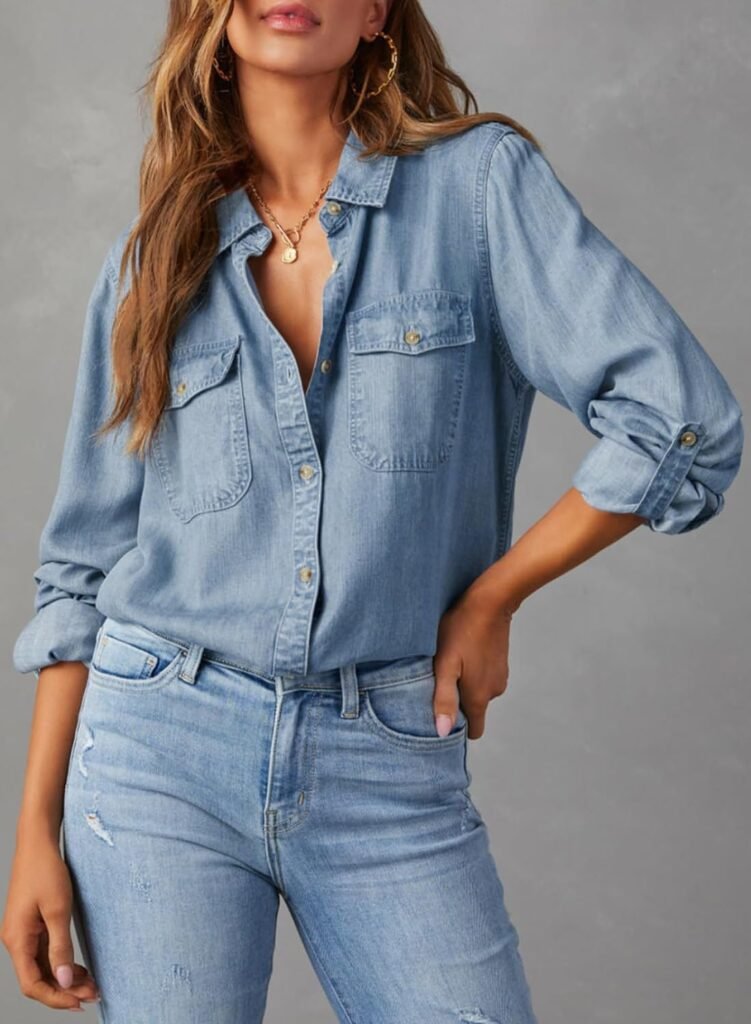 Astylish Women Button Down Denim Shirts Casual Long Sleeve V Neck Chambray Blouse Top
