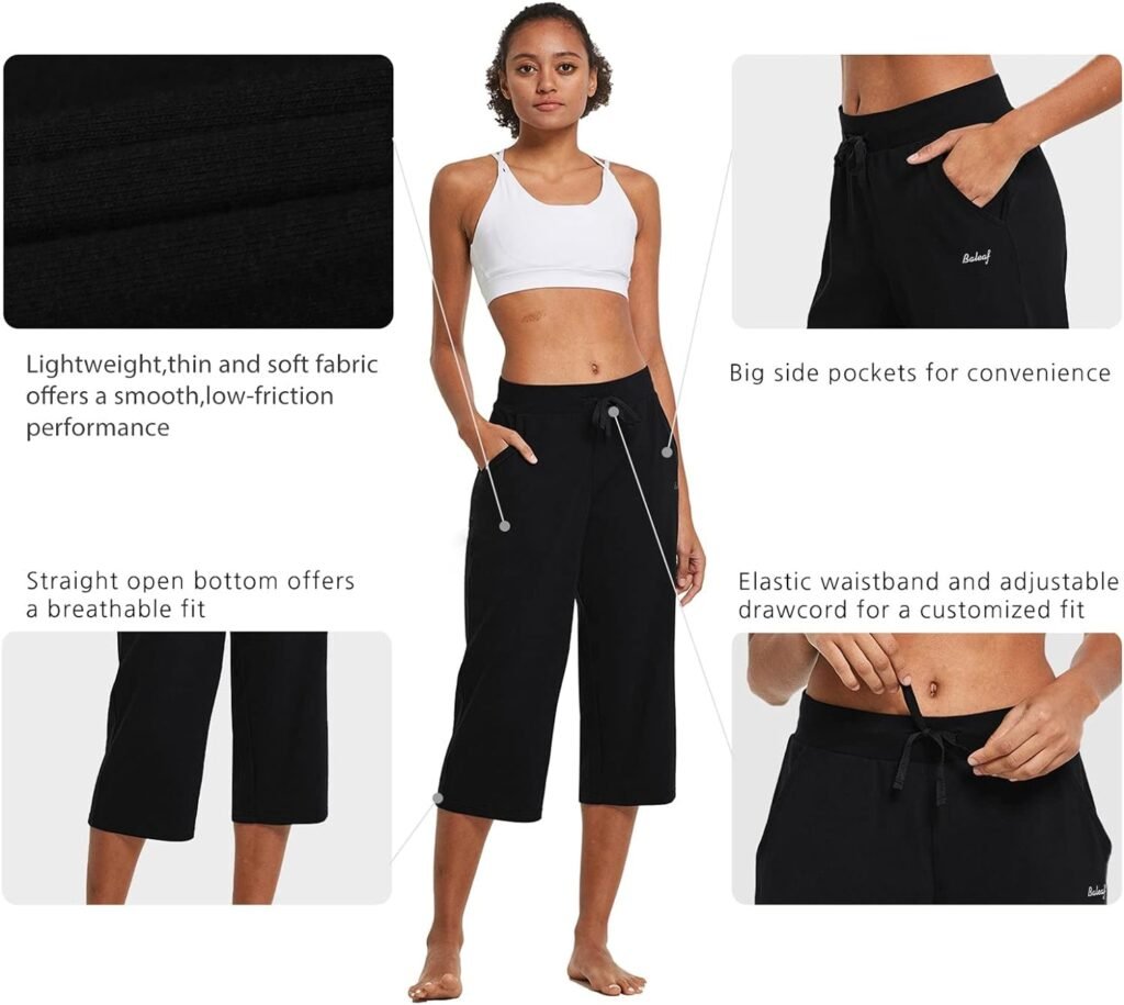 BALEAF Womens Capris Casual Summer Cotton Wide Leg Yoga Capri Sweatpants Loose Lounge Workout Crop Pants Pockets