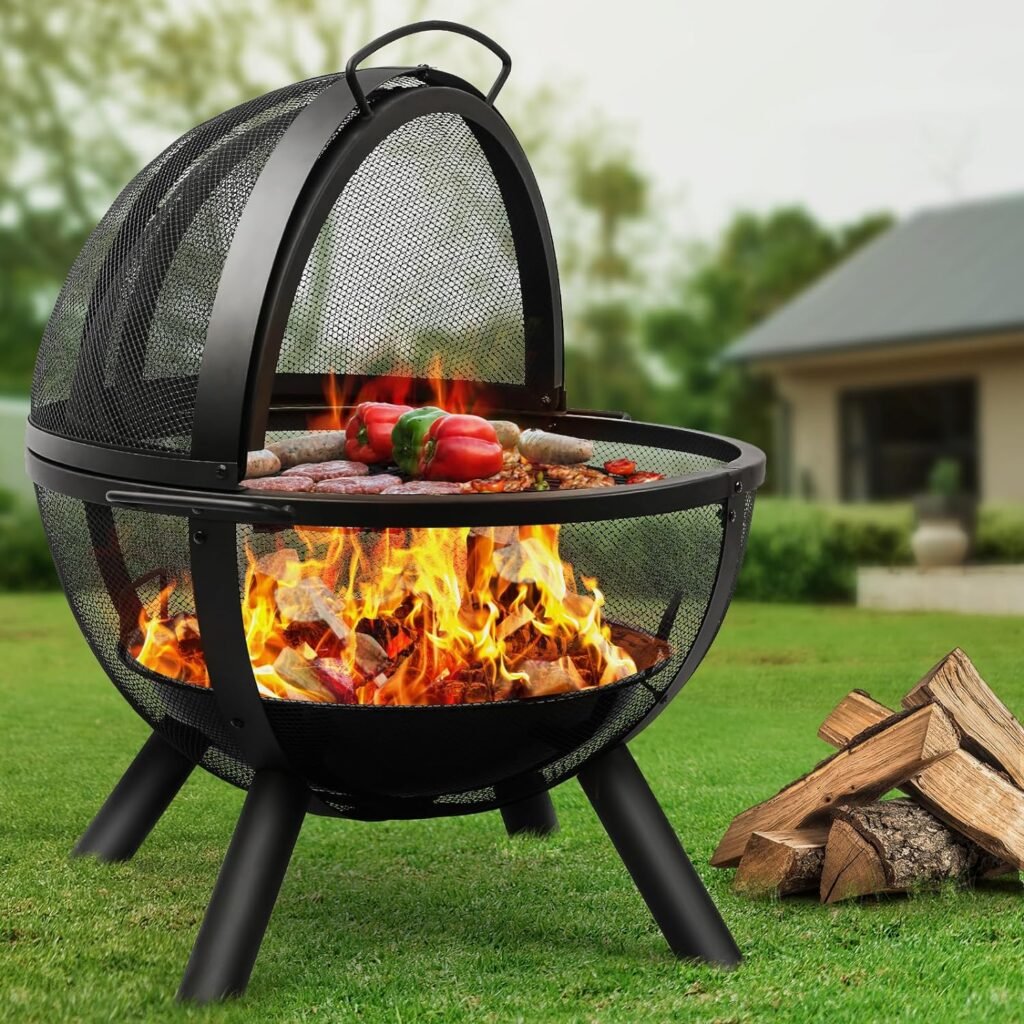 Ball of Fire Pit 35 Outdoor fire with BBQ Grill Globe Large Round Pit,Patio Fireplace for Camping, Heating, Bonfire and Picnic