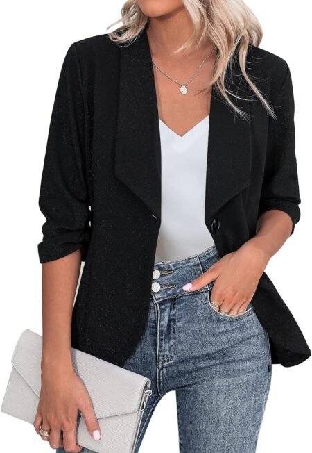 beyove womens 34 stretchy ruched sleeve open front lightweight work office blazer jackets s 3xl 1
