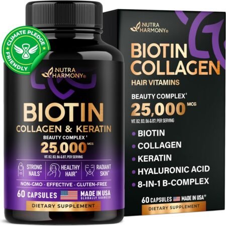 biotin collagen keratin hyaluronic acid hair growth support supplement skin nails beauty complex 25000 mcg b1 b2 b3 b6 b