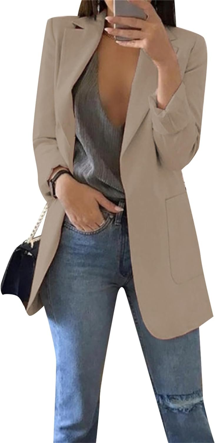 BOFETA Womens Solid Color Blazer Cardigan Casual Long Sleeve Plus Size Blazer with Pockets