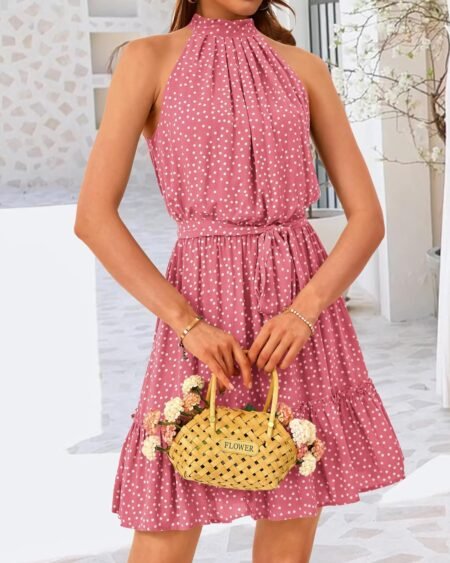 btfbm women 2024 summer halter neck dresses sleeveless casual floral polka dot print short boho ruffle sundress 1