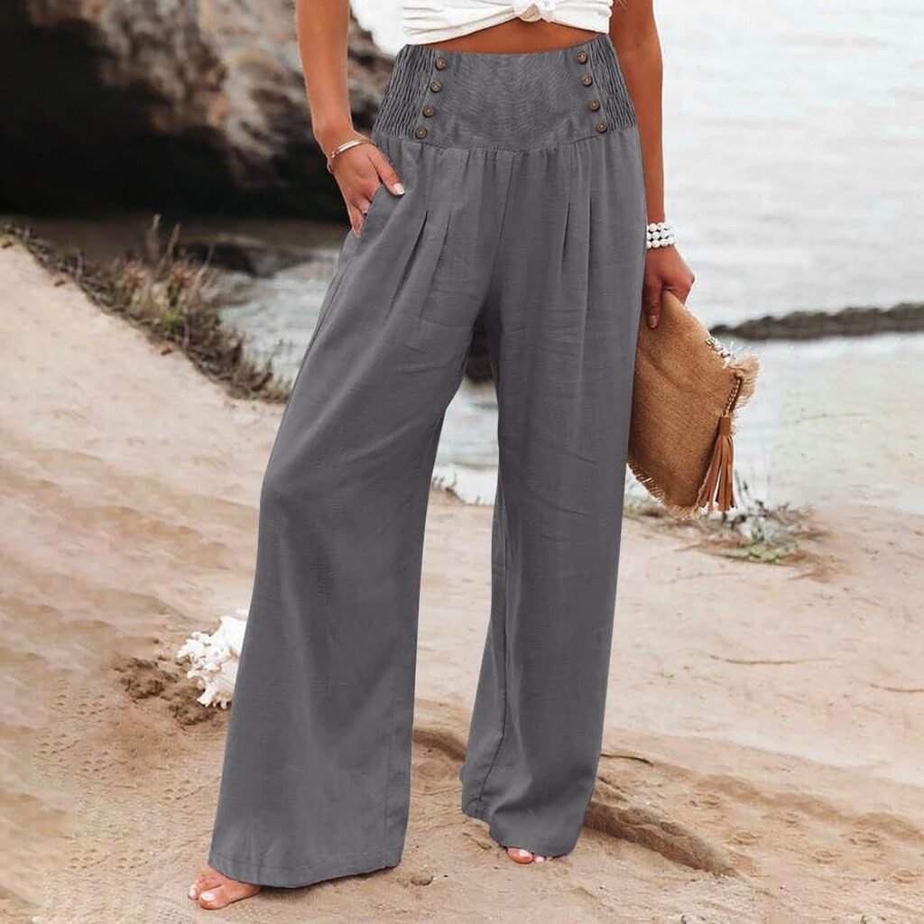chaktkglok Linen Pants Women Comfy Flowy Wide Leg Pants Trousers Summer High Waisted Beach Palazzo Pants with Pockets 2024