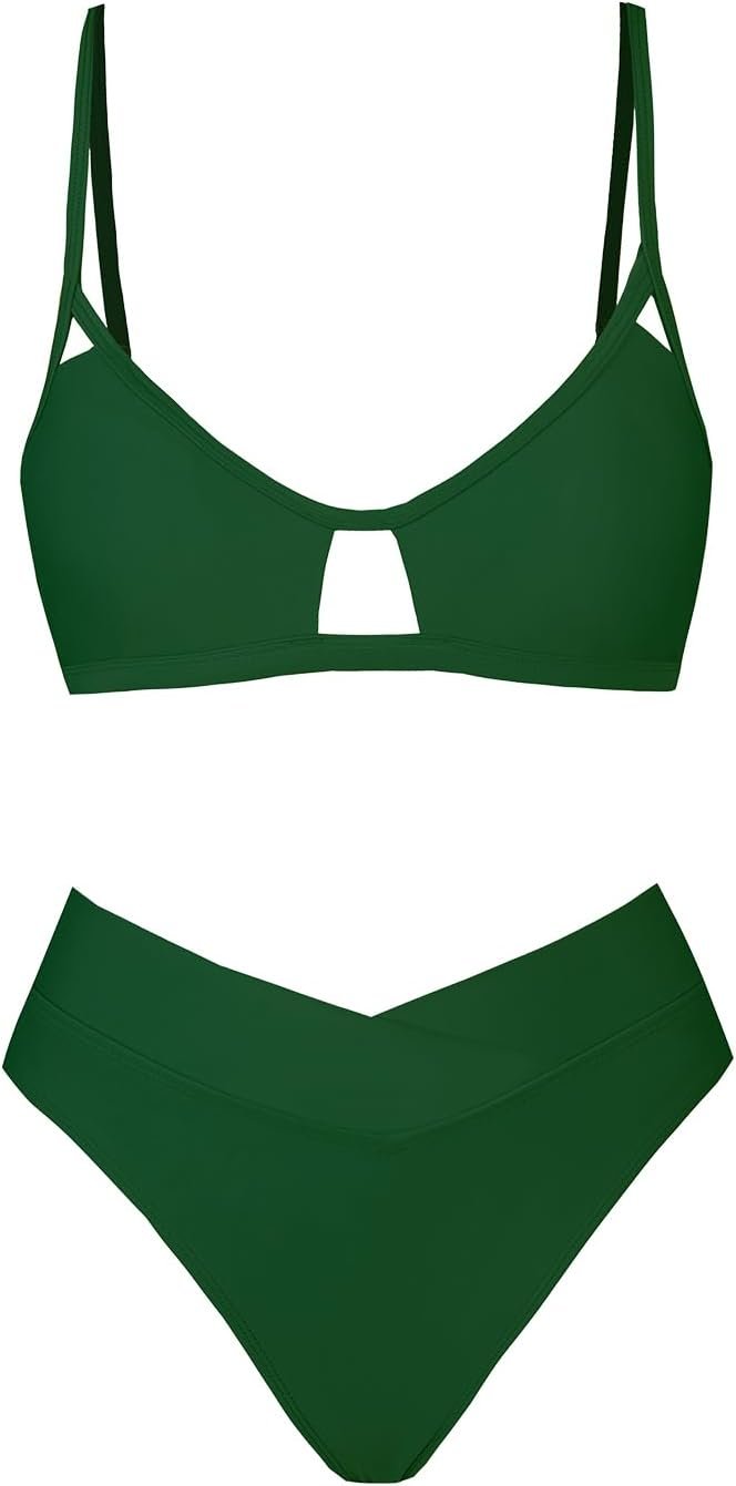 CUPSHE Bikini Set for Women Two Piece Swimsuits Cut Out High Waisted Scoop Neck V Cut Bottom
