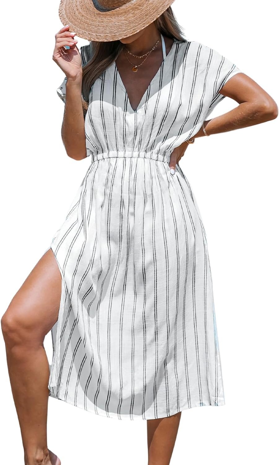 CUPSHE Womens Cover Up V Neck Midi Dress Short Sleeves Summer Beachwear Casual Coverups Striped XS-XXL