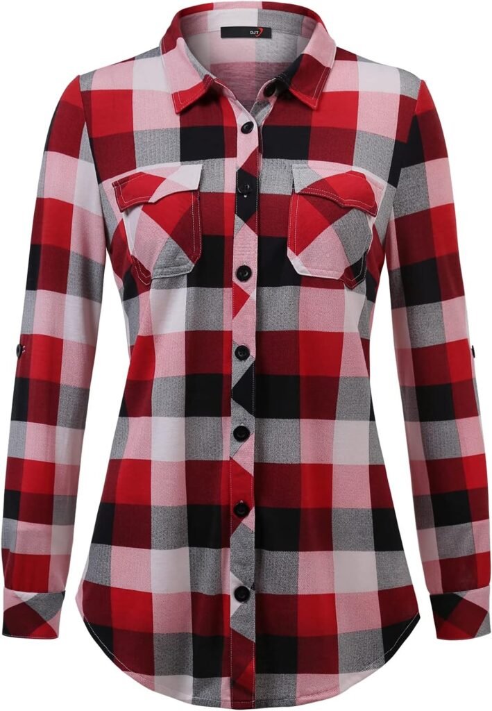 DJT Womens Soft Stretchy Plaid Shirts Roll Up Long Sleeve Collared Button Down Blouses