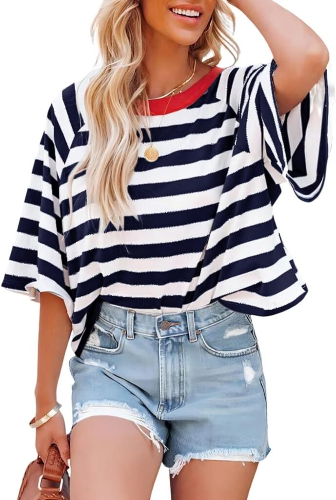 Dokotoo Tops for Women Striped 2024 Fashion T Shirts for Women Color Blocking Design Loose Basic Tee