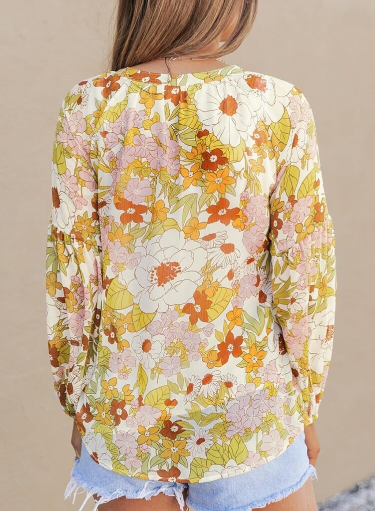 Dokotoo Womens Casual Boho Floral Print V Neck Long Sleeve T Shirt Blouses
