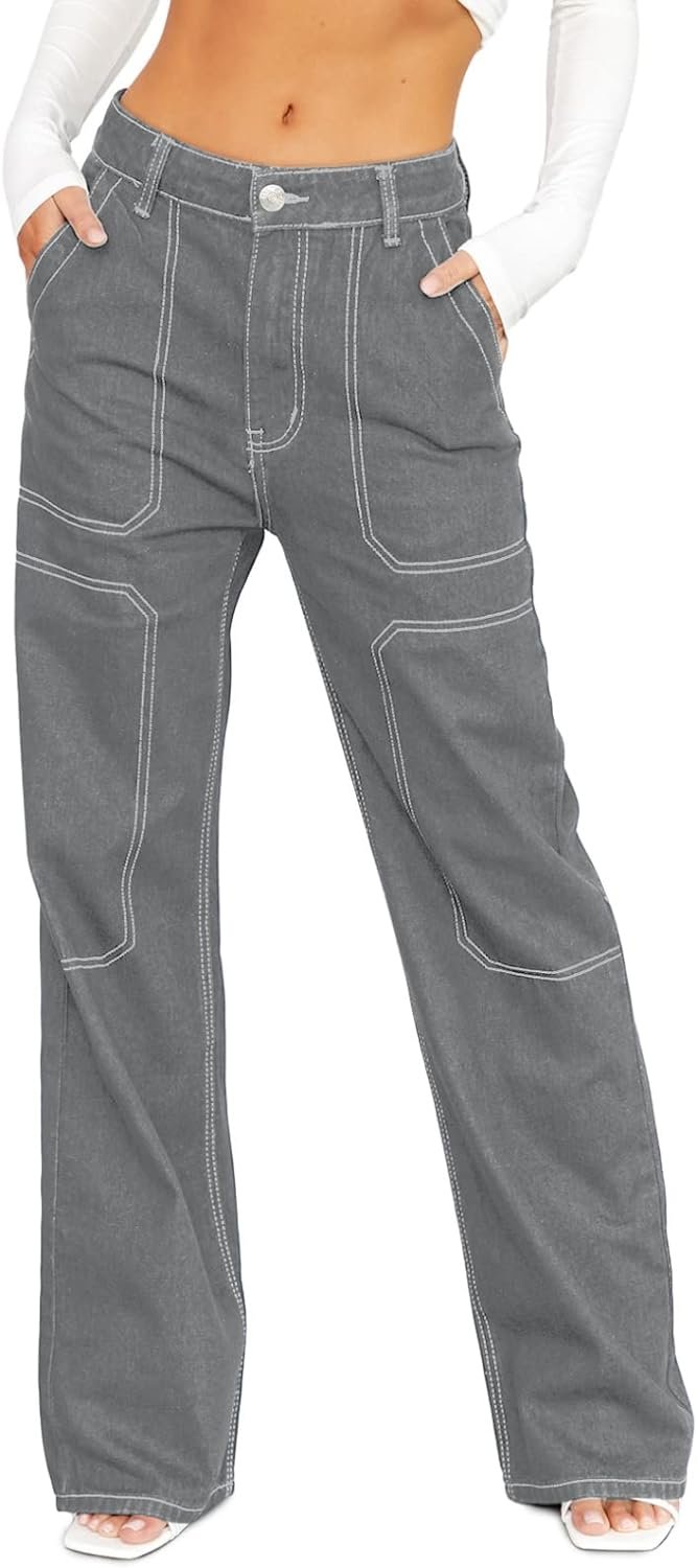 Dokotoo Womens Casual Mid Waist Cargo Jeans Stretch Wide Leg Denim Pants with Pockets
