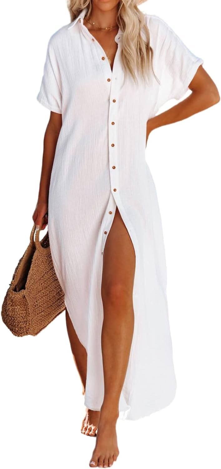 Dokotoo Womens Casual Short Sleeve Side Split Button Down Long Kimonos Cardigans Swimsuit Cover Ups Summer Beach Dress