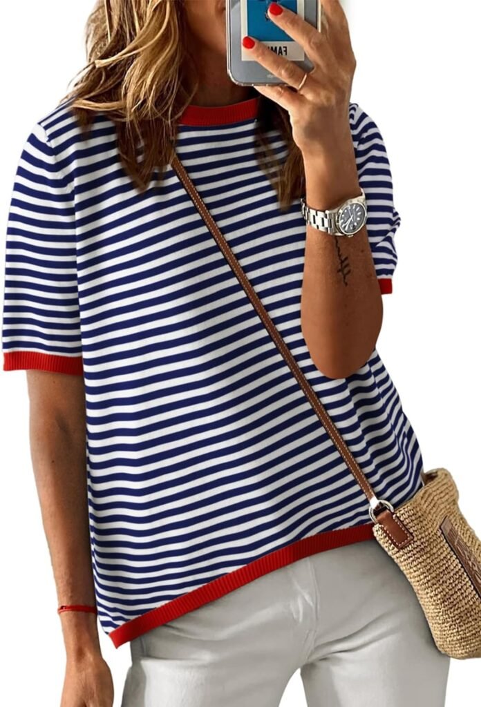 Dokotoo Womens Summer Tops Casual Crewneck Short Sleeve Striped Color Block Knitted High Low Trendy Pullover T Shirts Blouse