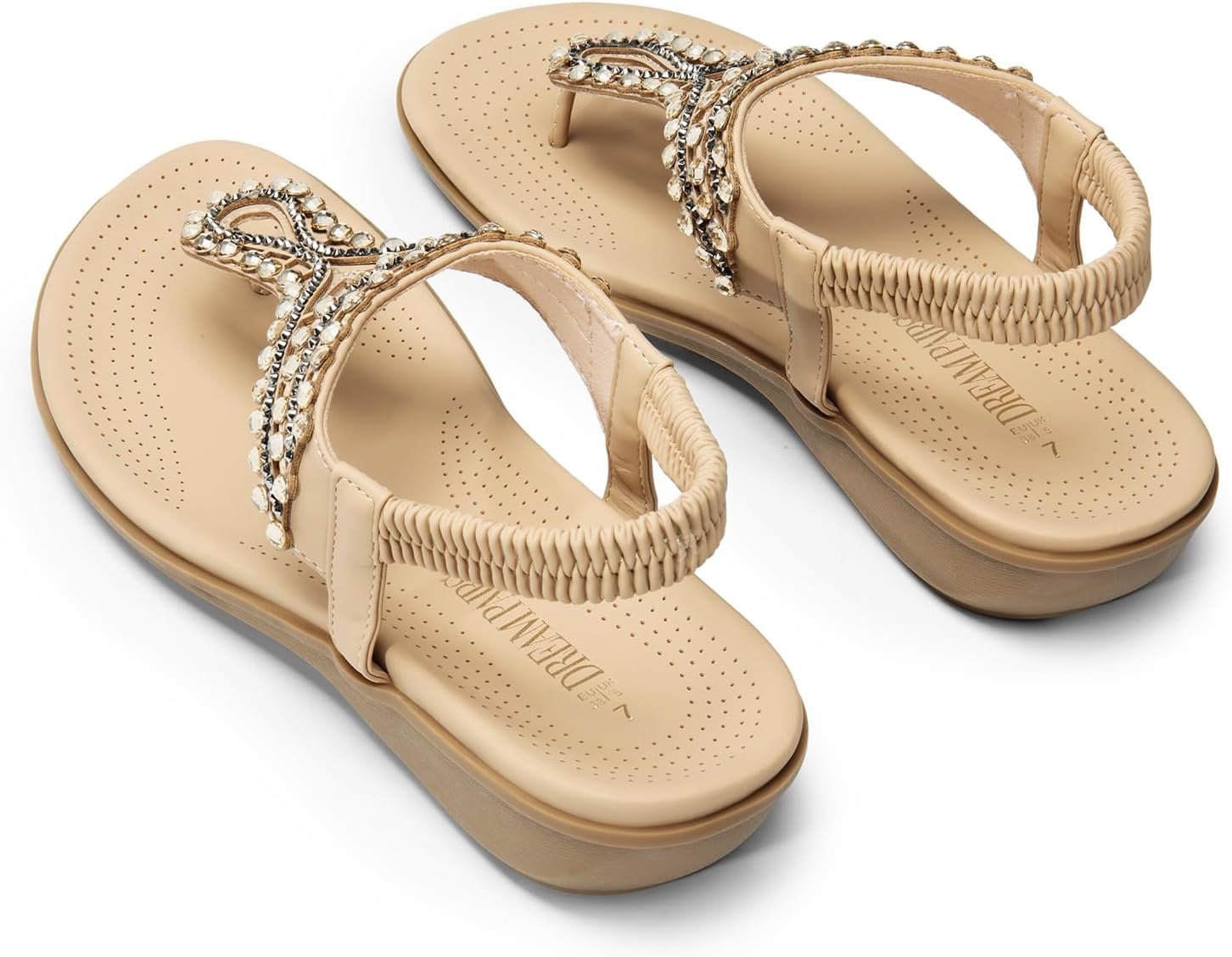 DREAM PAIRS Womens Comfortable Dressy Flat Sandals Rhinestone Elastic T-Strap Thong Sandals for Summer Beach