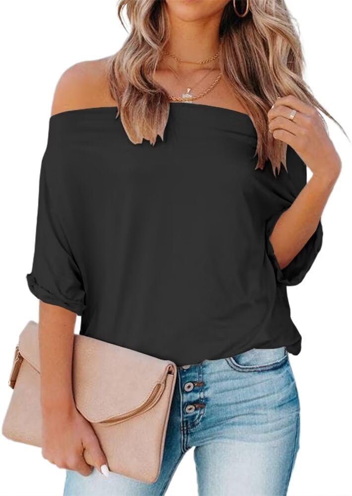 Dressmine Womens Summer Off The Shoulder Shirts Casual Sexy Short Sleeve Tops Classy Loose Oversized Tshirt Blouse Tunic