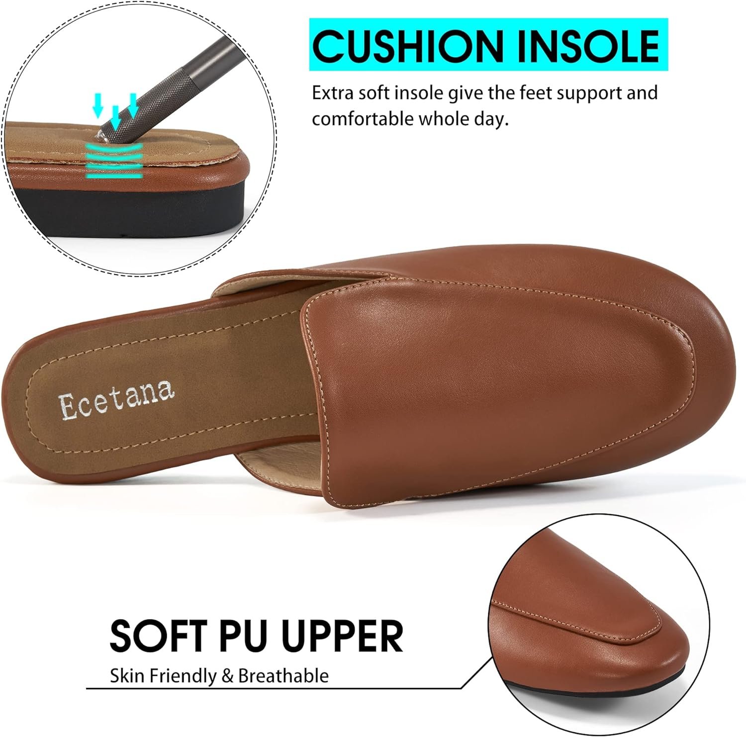 Ecetana Mules for Women Flats Shoes: Closed Round Toe Slip On Flat Mules - Comfortable Slides Backless Loafers