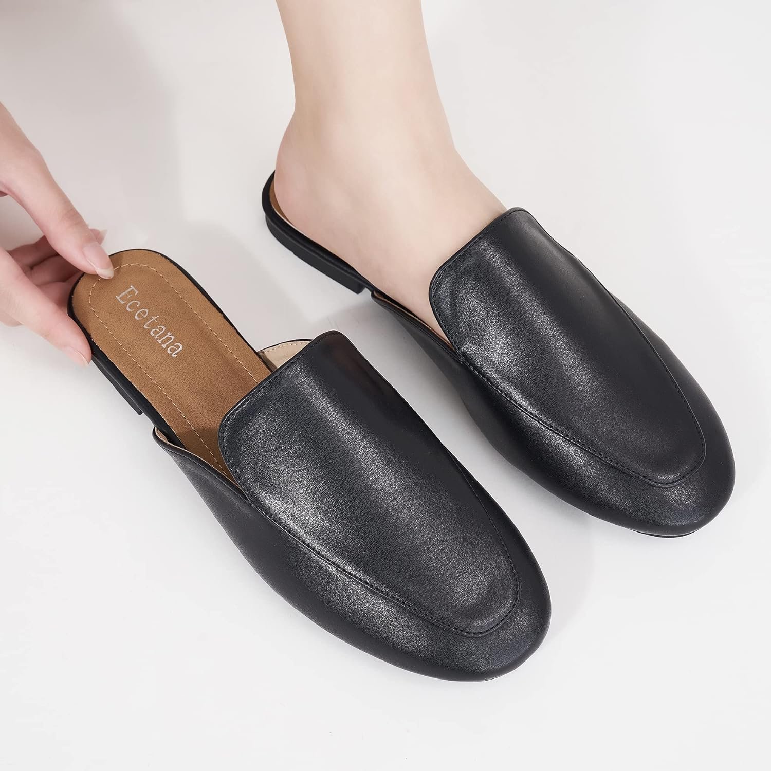 Ecetana Mules for Women Flats Shoes: Closed Round Toe Slip On Flat Mules - Comfortable Slides Backless Loafers