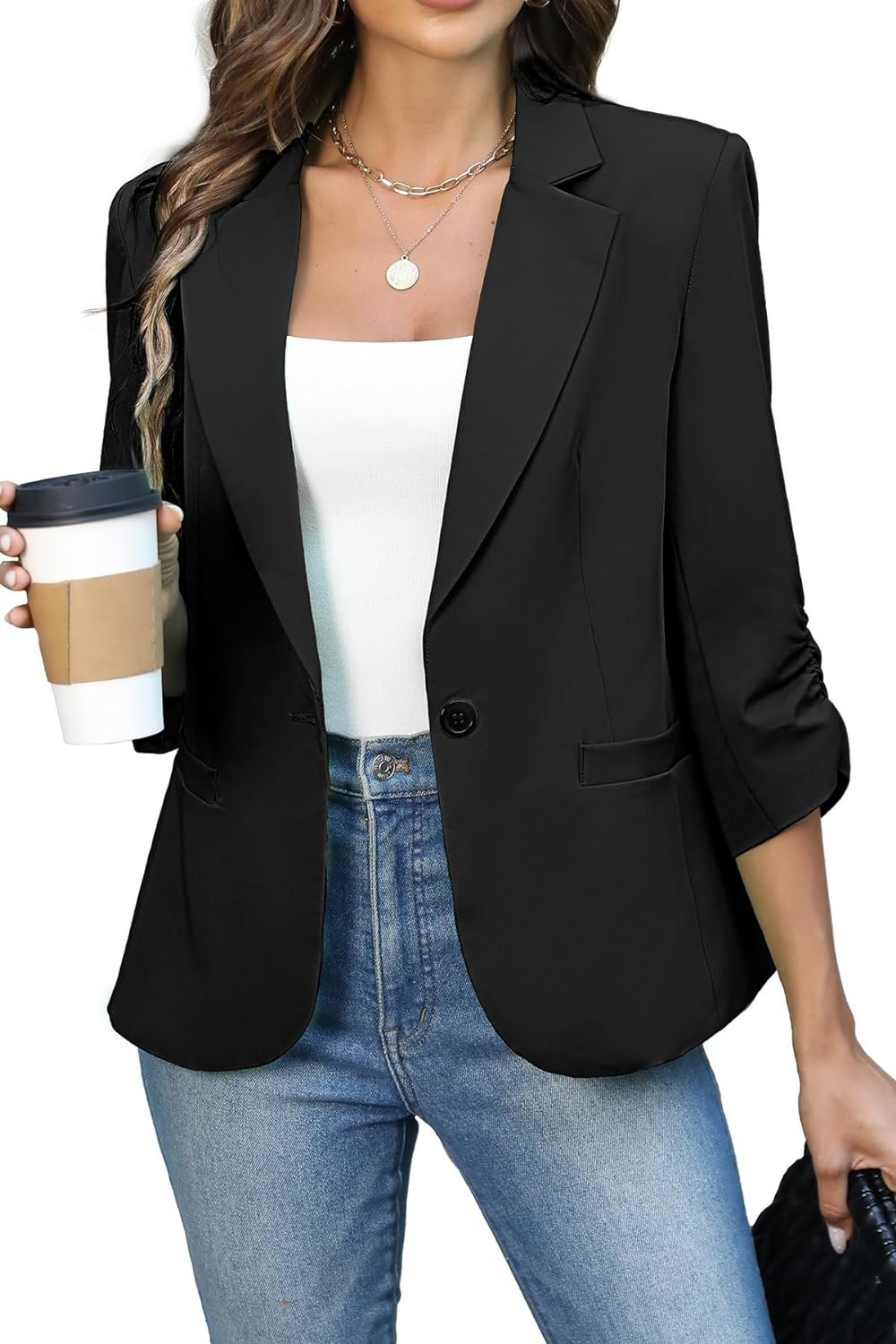 ELLEVEN Womens Ruched 3/4 Sleeve Blazers, Lightweight Slim Fit Suits with Padded Shoulder for Business Casual