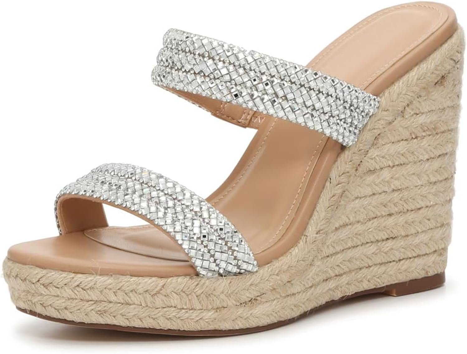 Espadrille Wedge Sandals for Women Rhinestones Dual Strap Open Toe Slip-On Straw Platform Sandals Dressy Summer Shoes