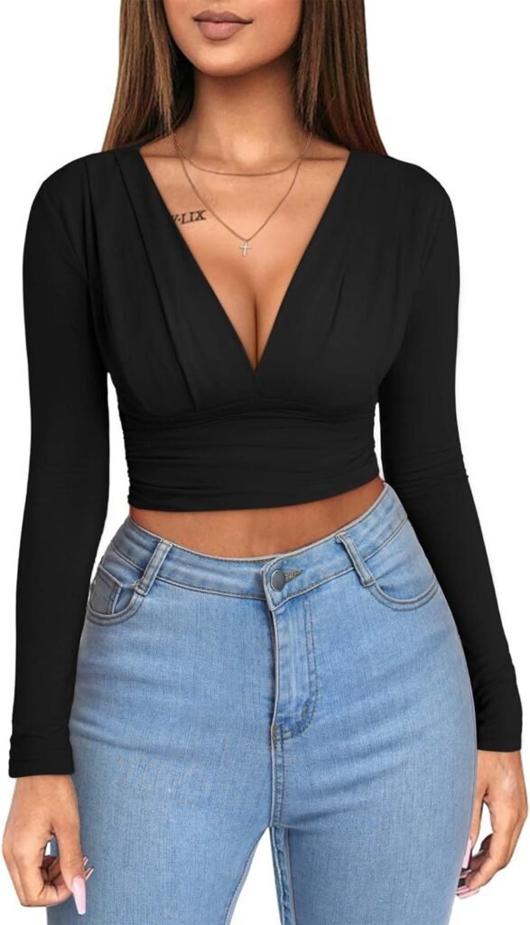 fensace womens deep v neck long sleeve ruched unique sexy slim fit crop top tee t shirt