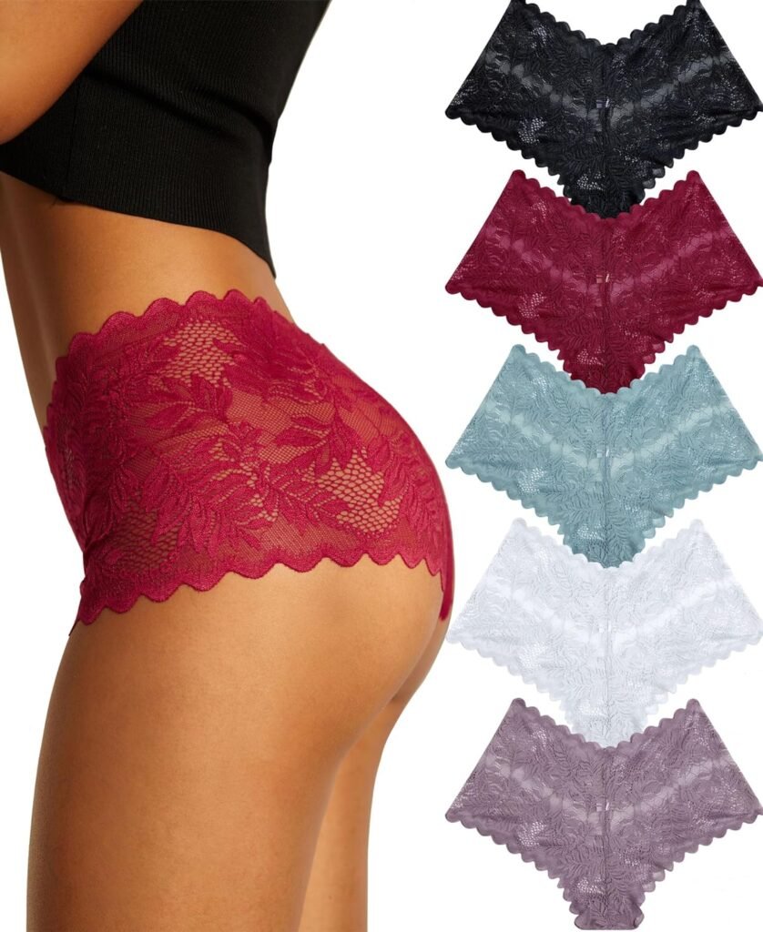 FINETOO Sexy Underwear for Women V-Waist Shorts Women s Underwear Lightweight Soft Lace High Waist Panties 5 Pack