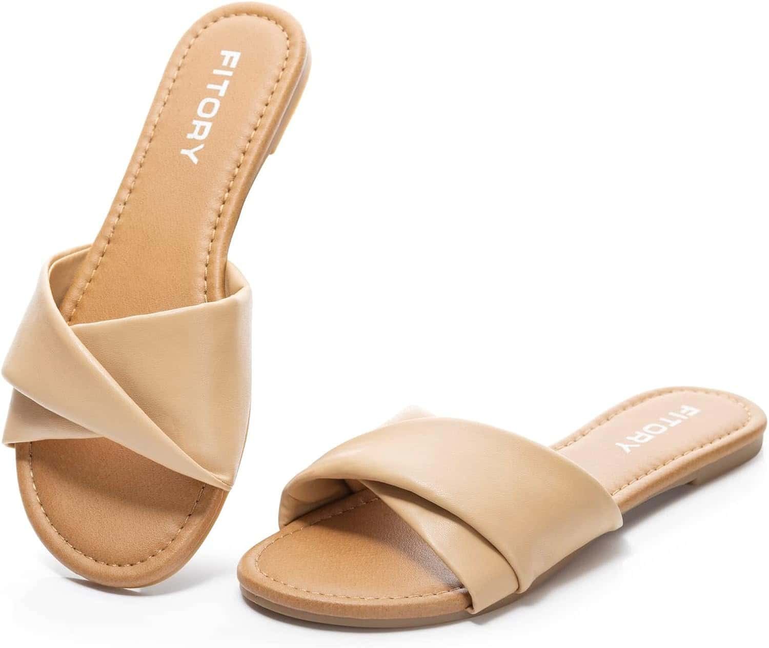 FITORY Womens Flat Sandals Fashion Slides With Soft Leather Slippers for Summer Size 6-11