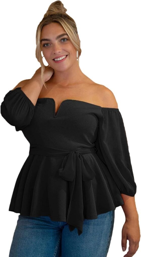 Floerns Womens Plus Size Off The Shoulder Belted Peplum Blouse Top