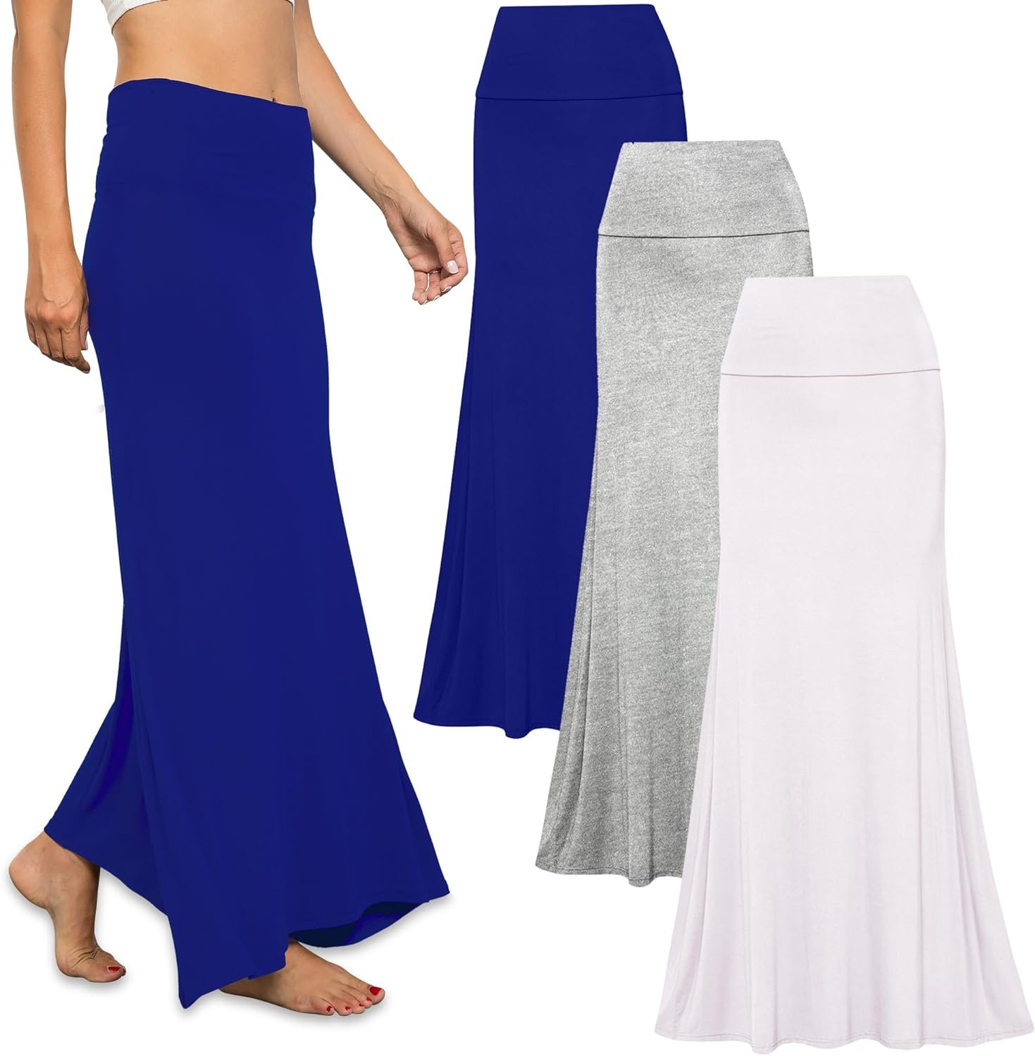 Free to Live 3 Pack Long Skirts for Women Fall Winter Flowy Maxi Skirt High Waist Fold Over Floor Ankle Length Jersey Knit