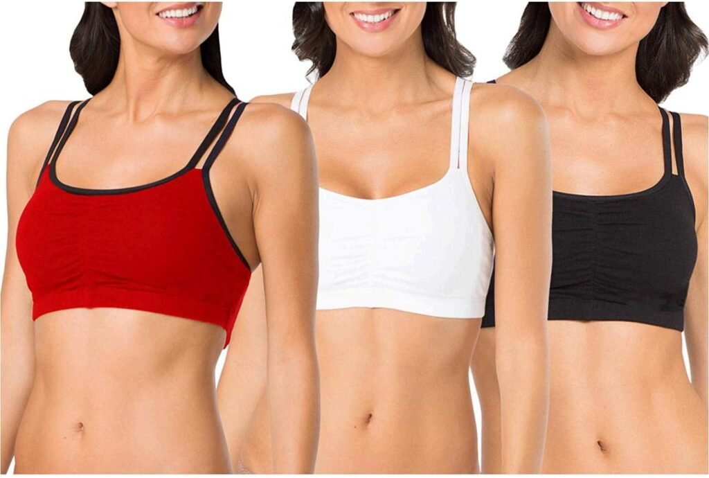 Fruit of the Loom Womens Spaghetti Strap Cotton Pull Over 3 Pack Sports Bra in Fashion Colors
